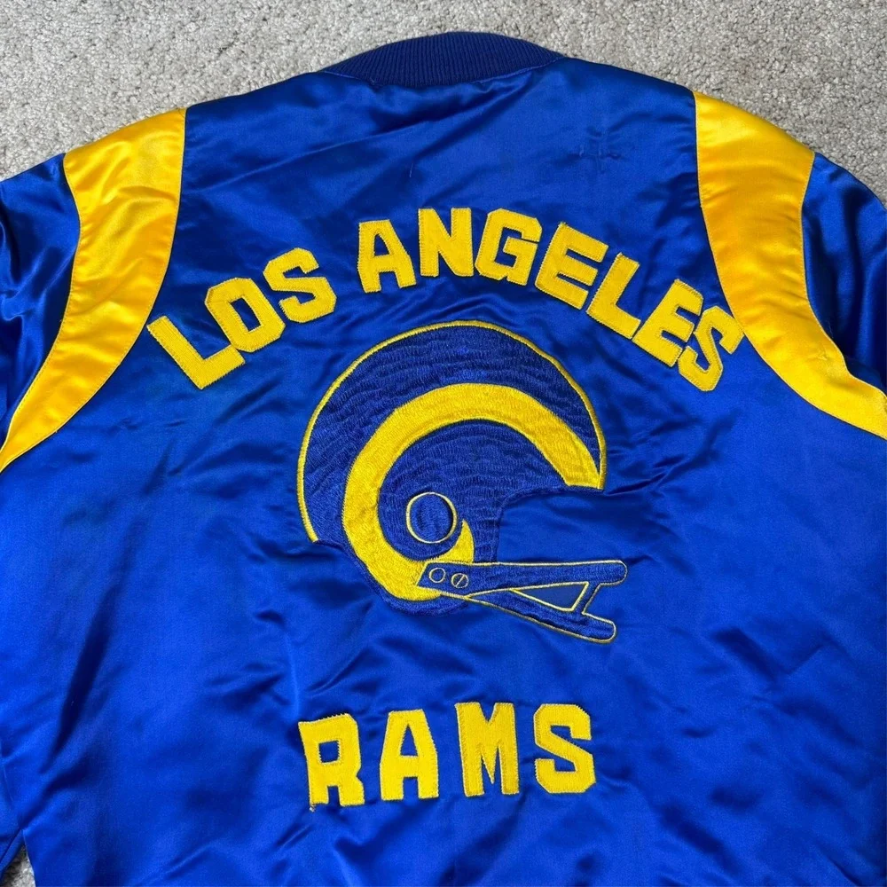 Vintage 80s 90s LA Rams Snap Bomber Jacket Blue Gold NFL Satin Fits Small-Medium